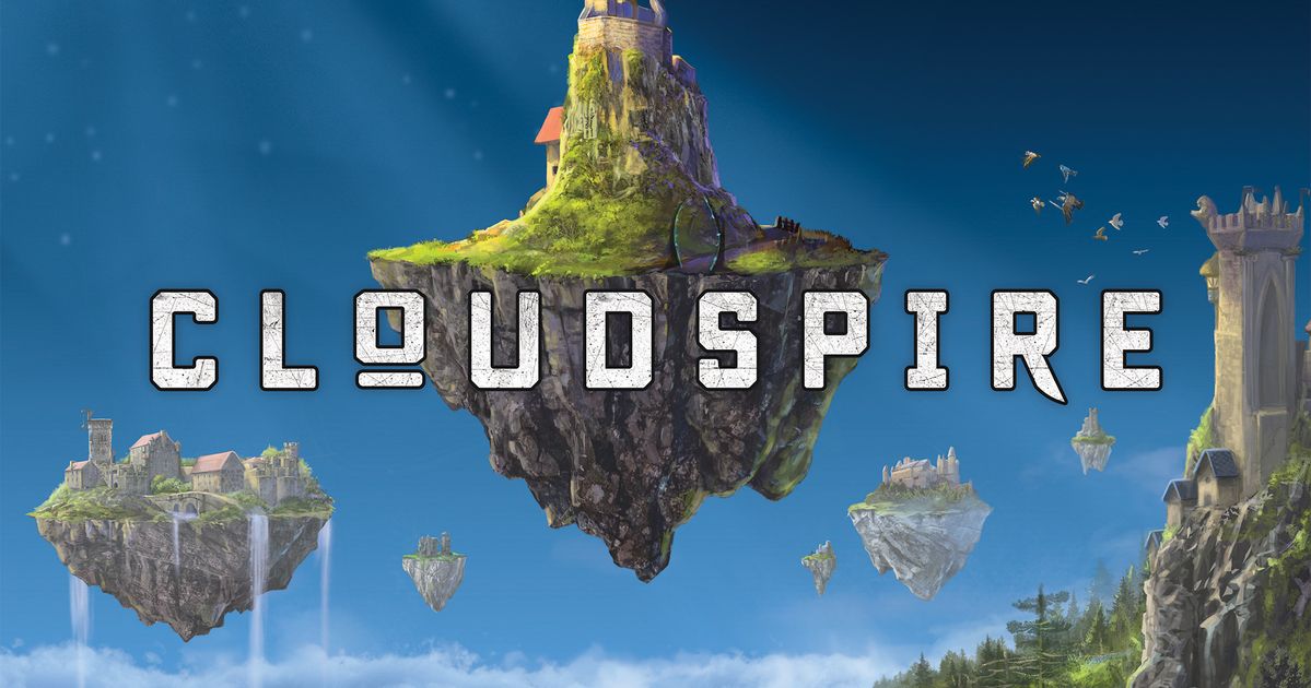 Box art for Cloudspire showing a cluster of floating stone islands with a towering castle spire, waterfalls pouring off the edges into open sky, and birds circling nearby.