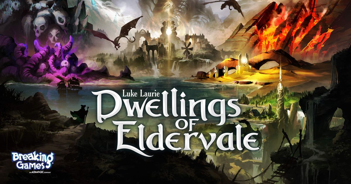 Box art for Dwellings of Eldervale showing a dark fantasy landscape split into biomes, a purple tentacled horror rising from the sea on the left and a fiery volcanic ridge on the right, with the title in ornate white fantasy lettering across the center.