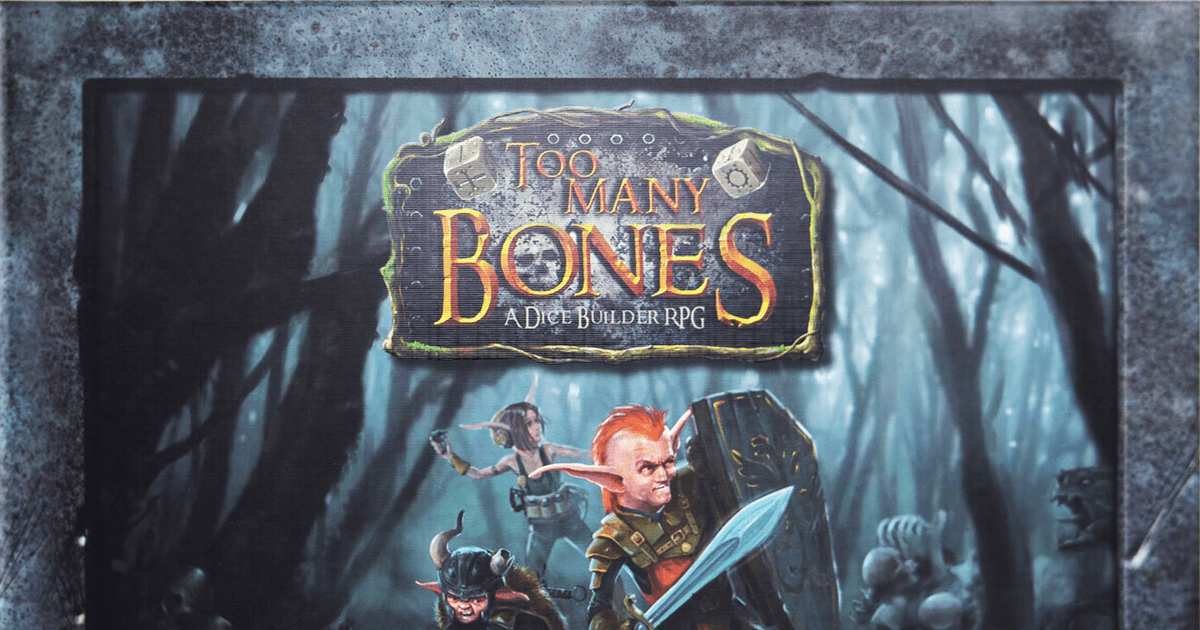 Box art for Too Many Bones: A Dice Builder RPG, showing three horned Gearloc heroes standing in a misty forest, one wielding a shield and sword, a wooden signpost with the game's logo carved into it above them.
